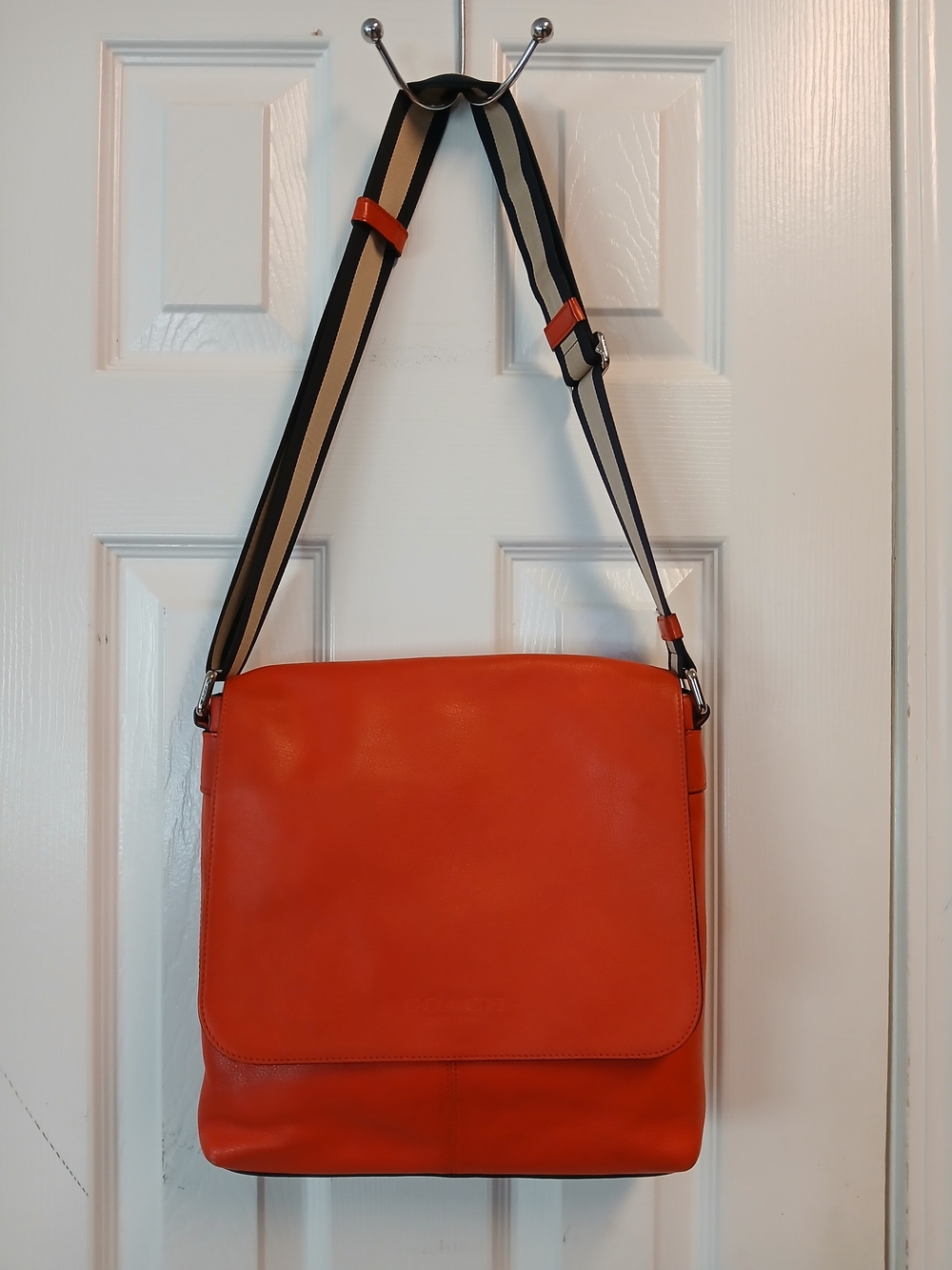 Coach Men's Orange Leather Messenger Bag with Striped Strap